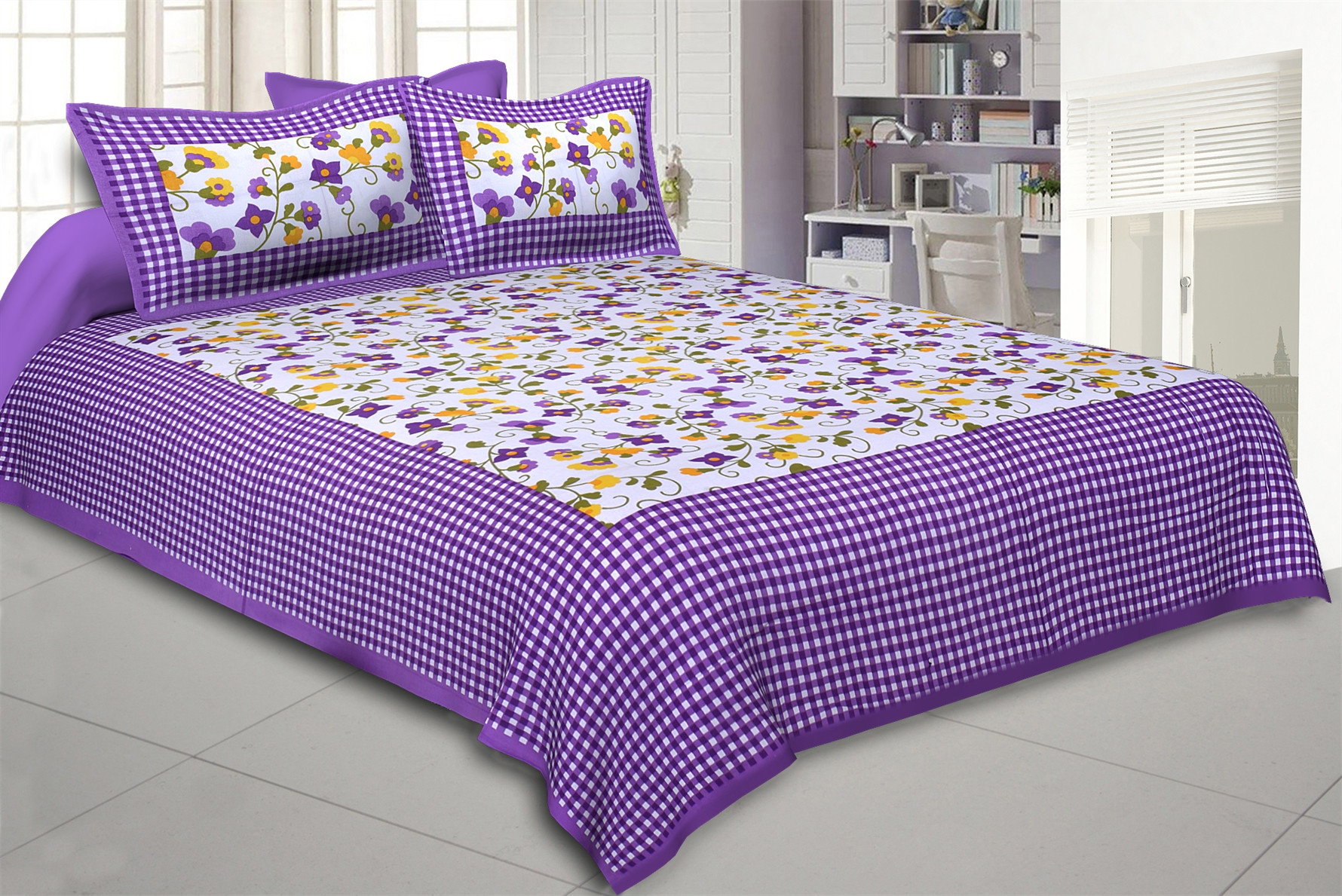 Jaipuri floral print cotton queen size double bedsheet with purple checkered border and two matching pillow covers 90x100 inch exclusively online at shriexin