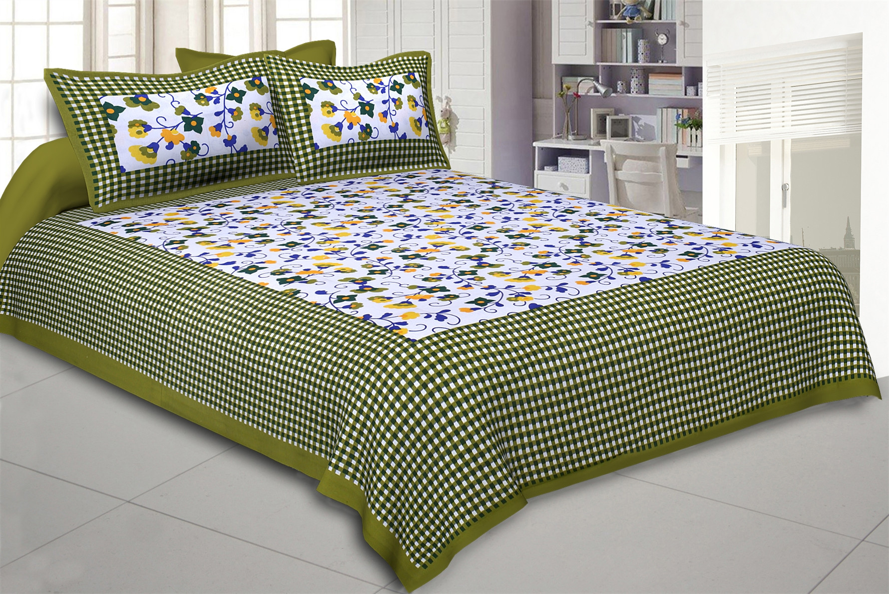 Jaipuri floral print cotton queen size double bedsheet with green checkered border and two matching pillow covers 90x100 inch  online exclusive at shriexin