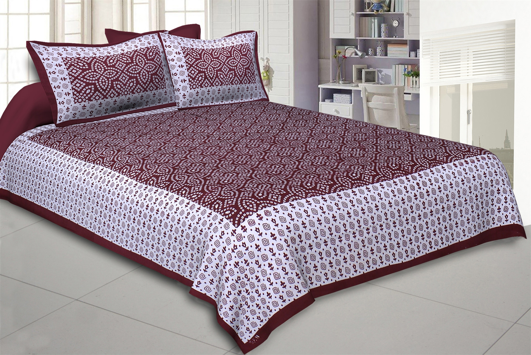 Jaipuri geometric maroon print cotton queen size double bedsheet with ethnic motif border and two matching pillow covers 90x100 inch  shriexin online exclusive
