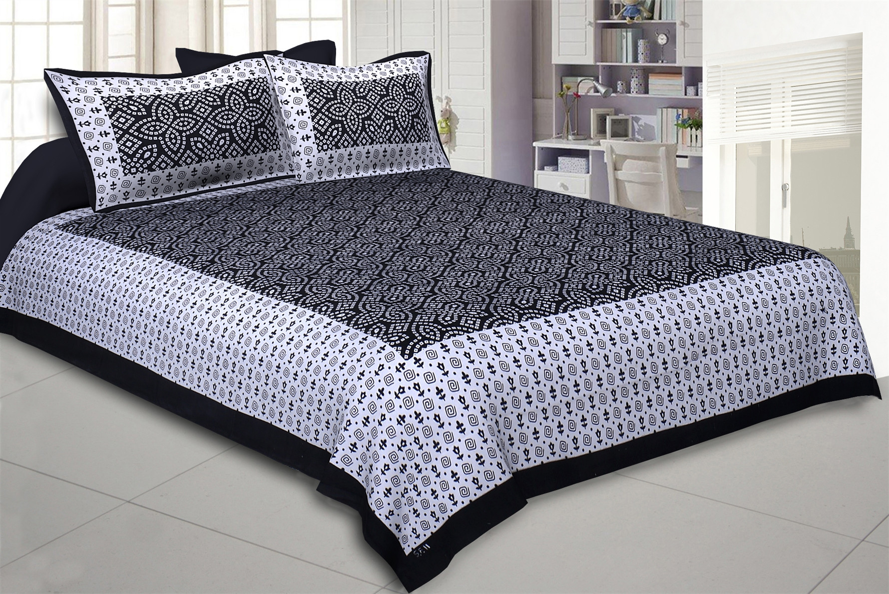 Jaipuri geometric black print cotton queen size double bedsheet with ethnic motif border and two matching pillow covers 90x100 inch  exclusive online at shriexin