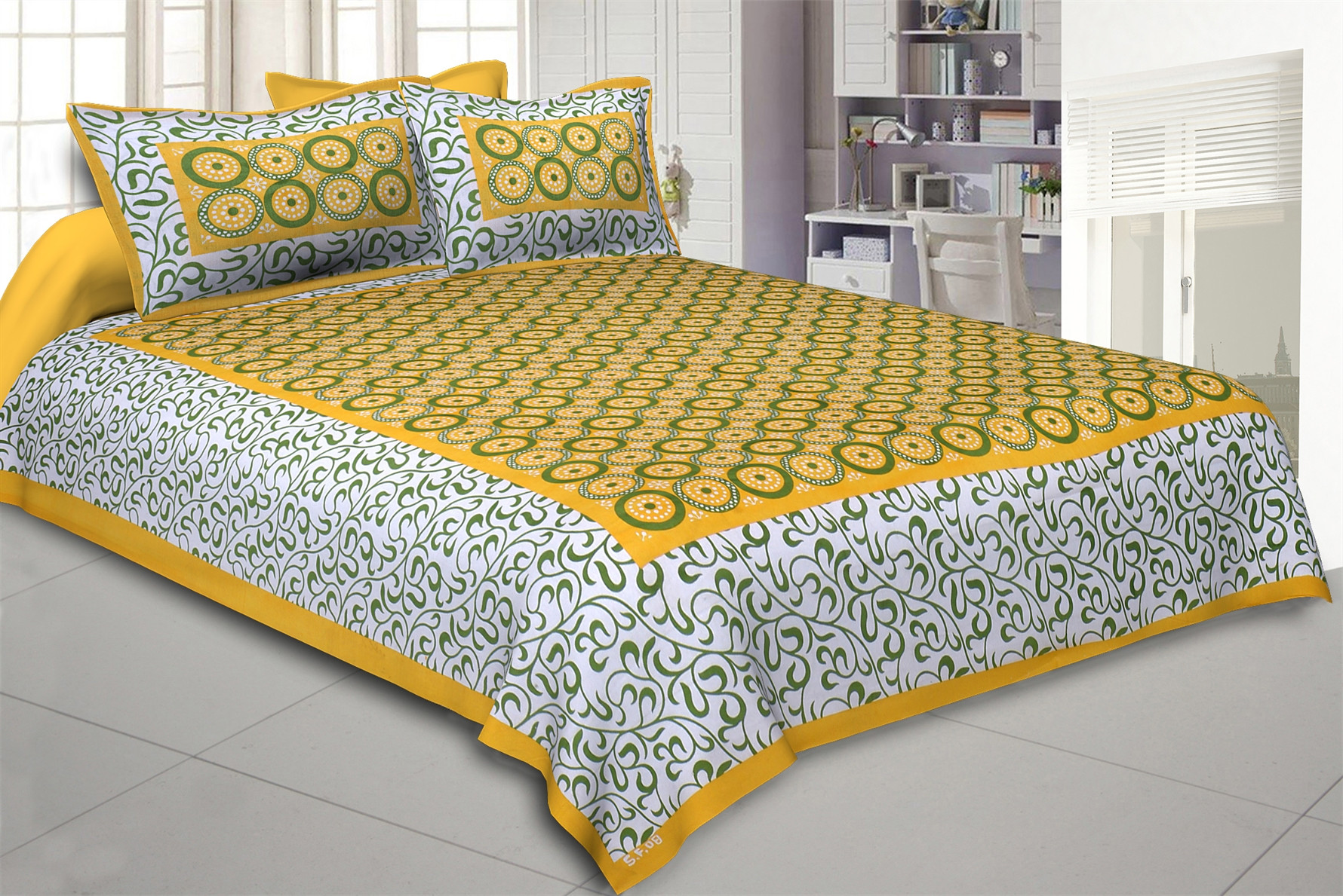 Jaipuri circular motif yellow green cotton queen size double bedsheet with swirl border and two matching pillow covers 90x100 inch  online exclusive at shriexin