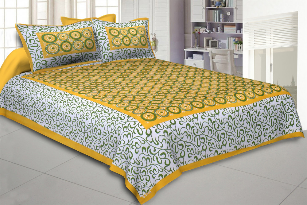 Image of Jaipuri Circular Motif Cotton Queen Size Double Bedsheet 90x100 Inch with 2 Pillow Covers – Yellow Green Swirl Block Print | Online Exclusive