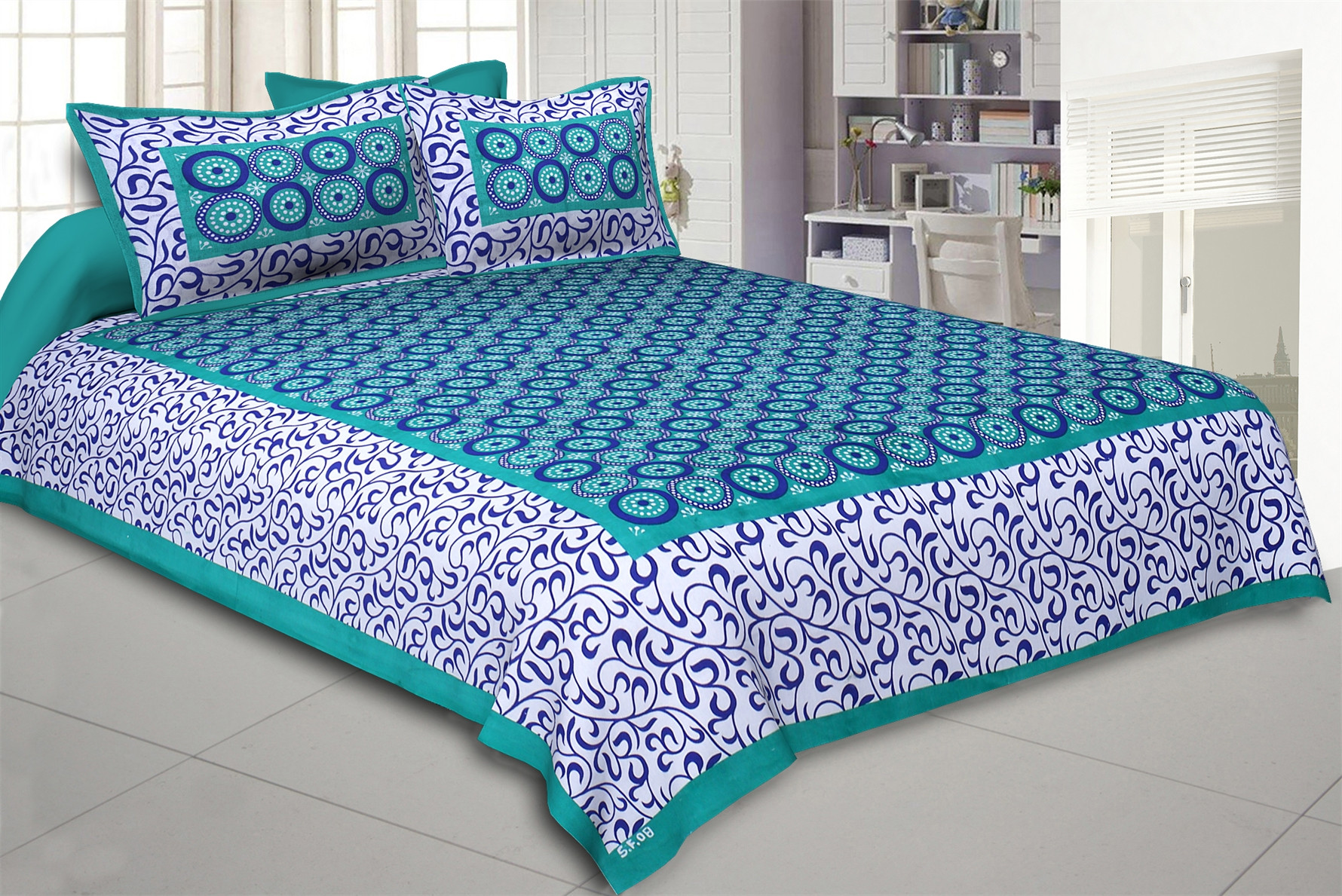 Jaipuri circular motif blue green cotton queen size double bedsheet with swirl border and two matching pillow covers 90x100 inch online exclusive at shriexin