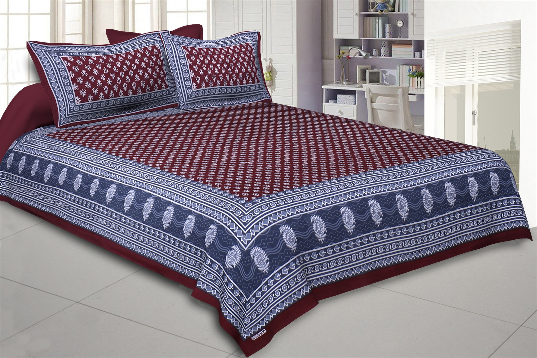 Jaipuri block print maroon blue cotton queen size double bedsheet with ethnic paisley border and two matching pillow covers 90x100 inch  online exclusive at shriexin