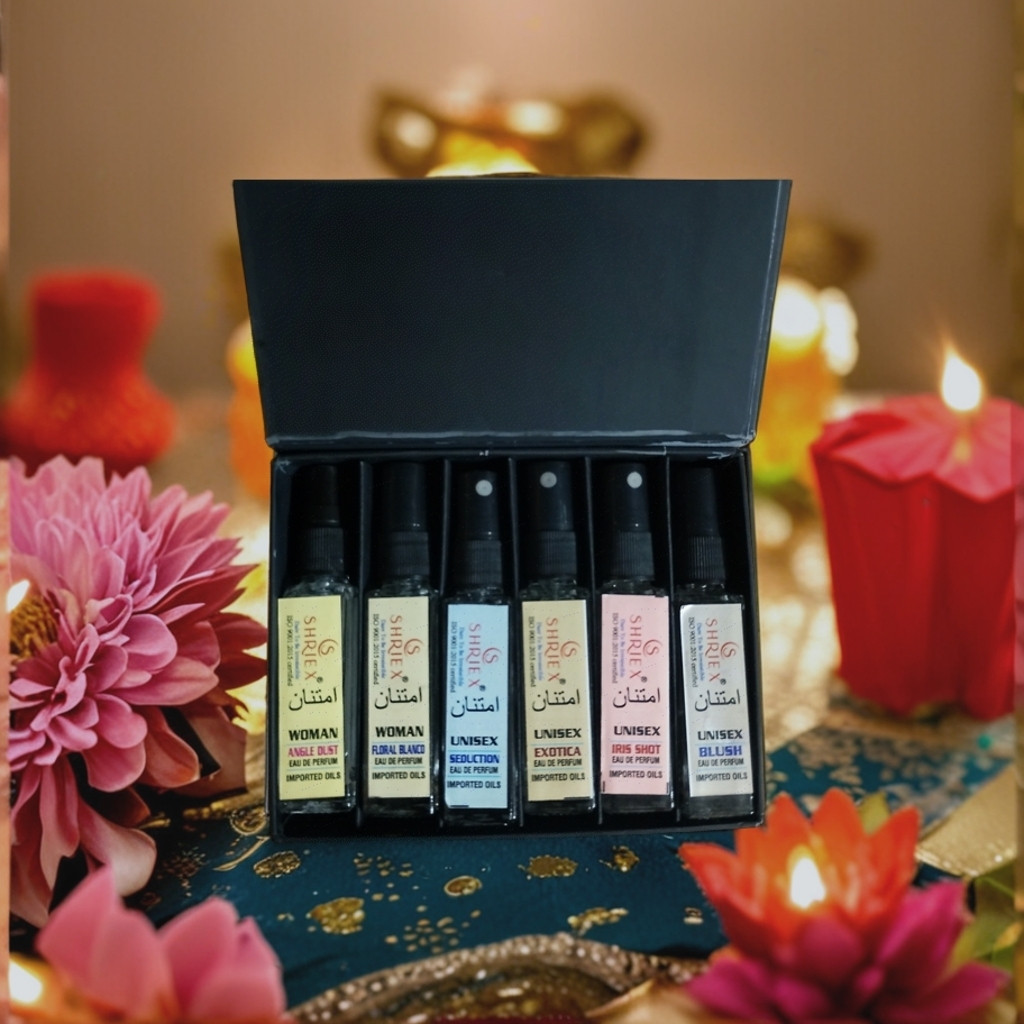 Shriex Luxury 6x8ml Trial Pack  Angle Dust  Floral Blanco women  4 unisex samples  travel atomizers long-lasting imported oils