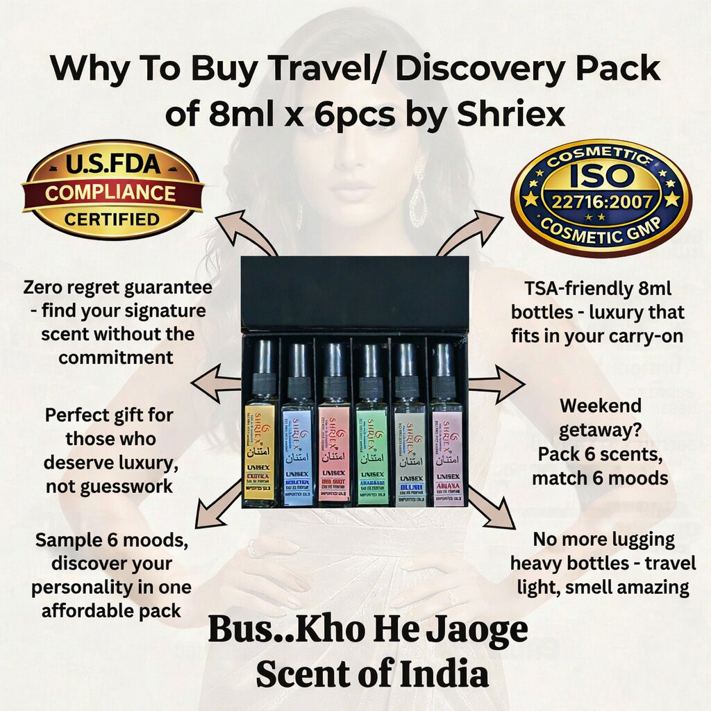 Shriex Luxury Long-Lasting Perfumes 6 x 8ml Unisex Gift Pack Amaderado Iris Shot Ariana Seduction Exotica Blush travel atomizers imported oils