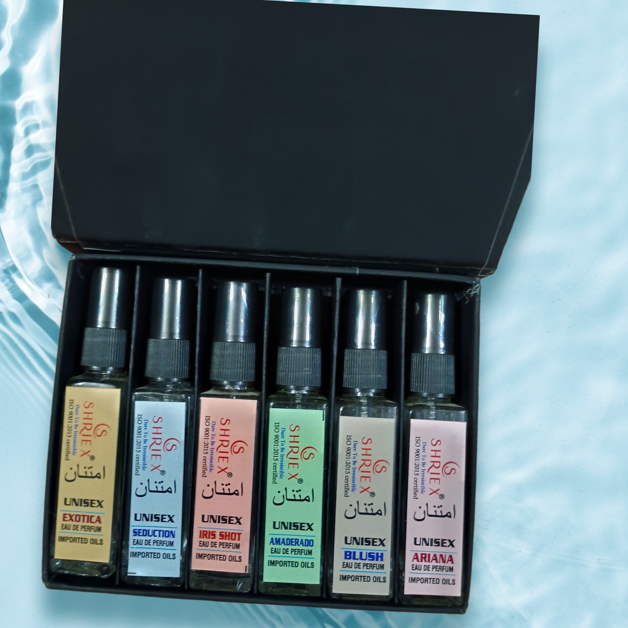 Shriex Luxury Long-Lasting Perfumes 6 x 8ml Unisex Gift Pack Amaderado Iris Shot Ariana Seduction Exotica Blush travel atomizers imported oils