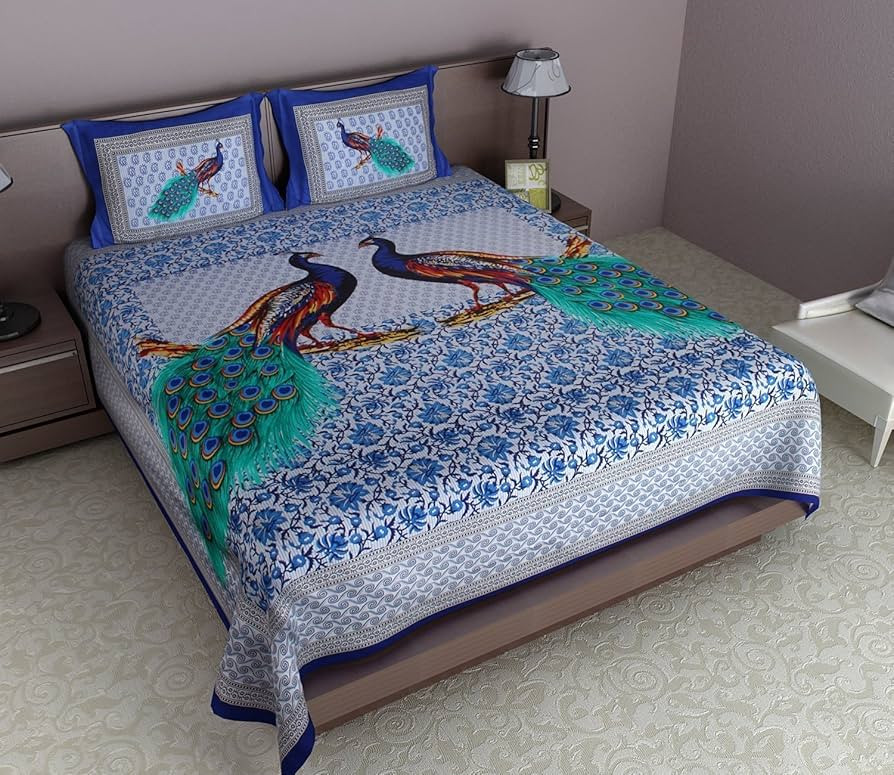 Jaipuri peacock print blue cotton queen size bedsheet with two pillow covers ethnic floral design 90x100 inch shriexin online exclusive