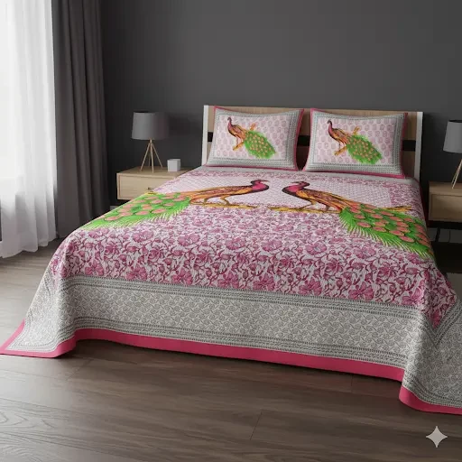 Jaipuri peacock print cotton queen size bedsheet with floral patterns and two pillow covers 90x100 inch colorful design shriexin exclusive