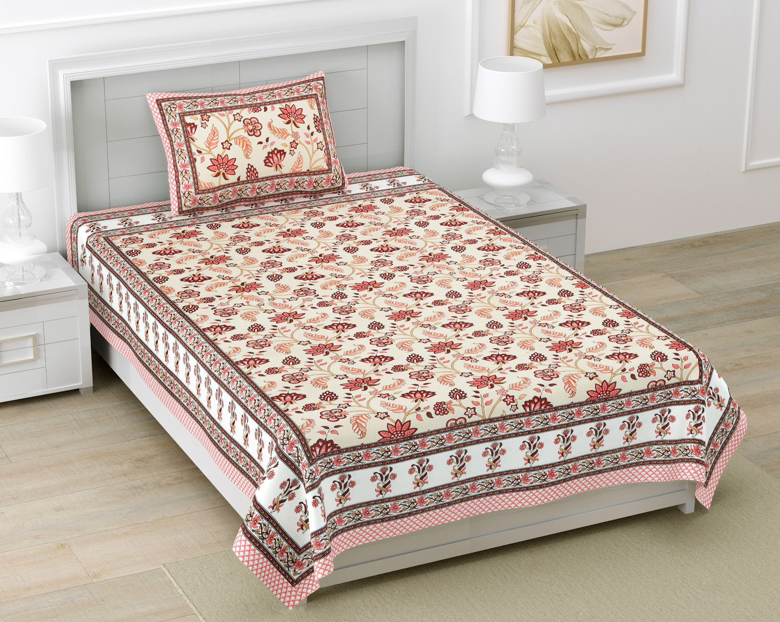 Authentic Jaipuri Screen Print Pure South Cotton Single Bedsheet 60x90 Inch Made in Rajasthan India Shriex