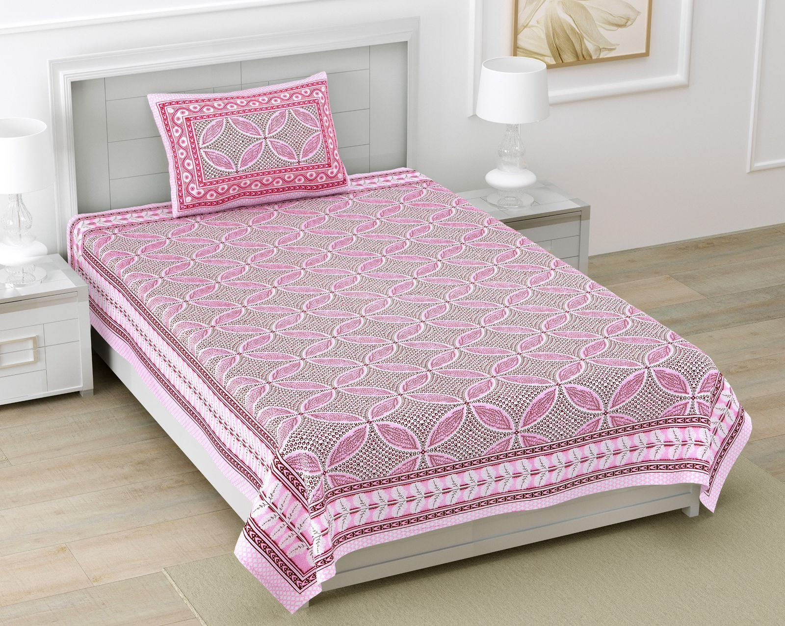 Jaipuri Screen Print Pure South Cotton Single Bedsheet 60x90 Inch Pink Geometric Motif Crafted in Jaipur India Shriex