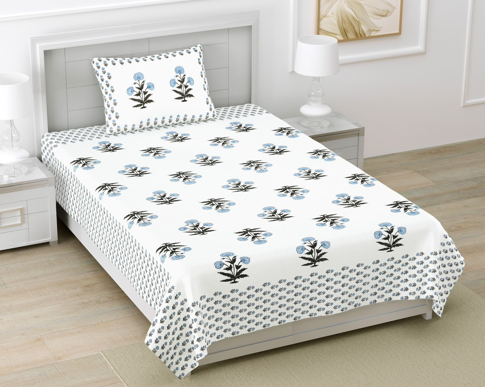 Jaipuri Screen Print Pure South Cotton Single Bedsheet 60x90 Inch Blue Floral Motif Crafted in Jaipur by Shriex