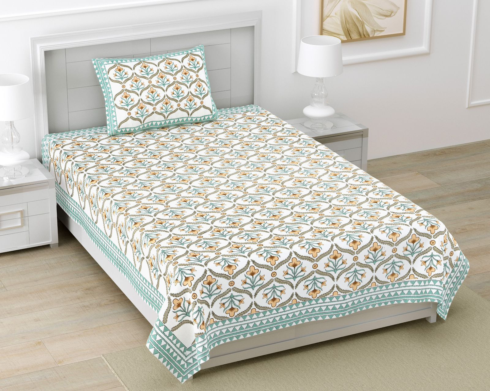 Jaipuri Teal Floral Screen Print Pure South Cotton Single Bedsheet 60x90 Inch Ethnic Rajasthani Design Made in Jaipur India Shriex