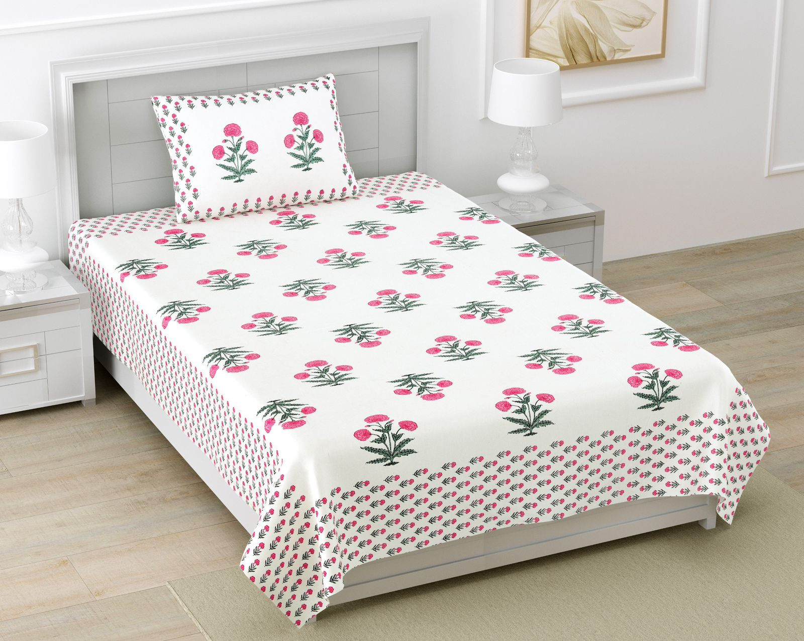 Jaipuri Pink Floral Screen Print Pure South Cotton Single Bedsheet 60x90 Inch Ethnic Rajasthani Design Jaipur India Shriex