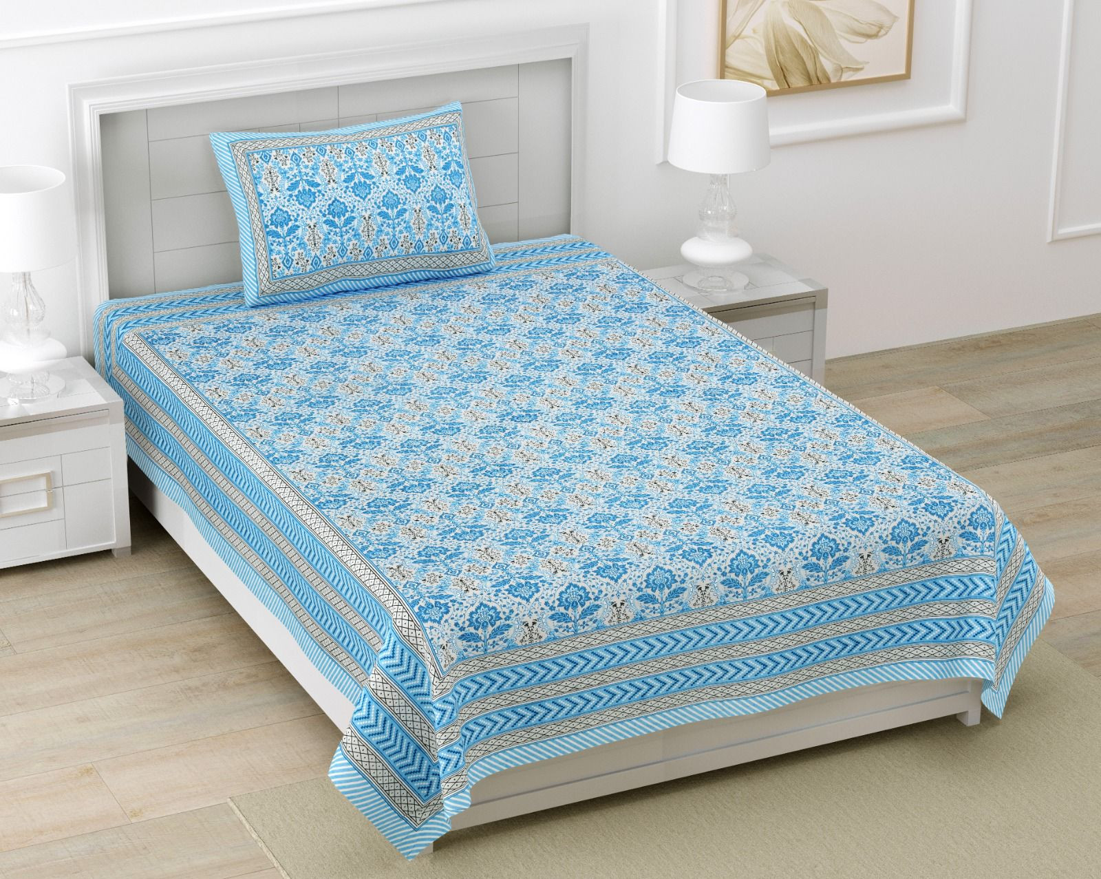 Jaipuri Blue Floral Screen Print Pure South Cotton Single Bedsheet 60x90 Inch Geometric Border Ethnic Rajasthani Design Jaipur India Shriex