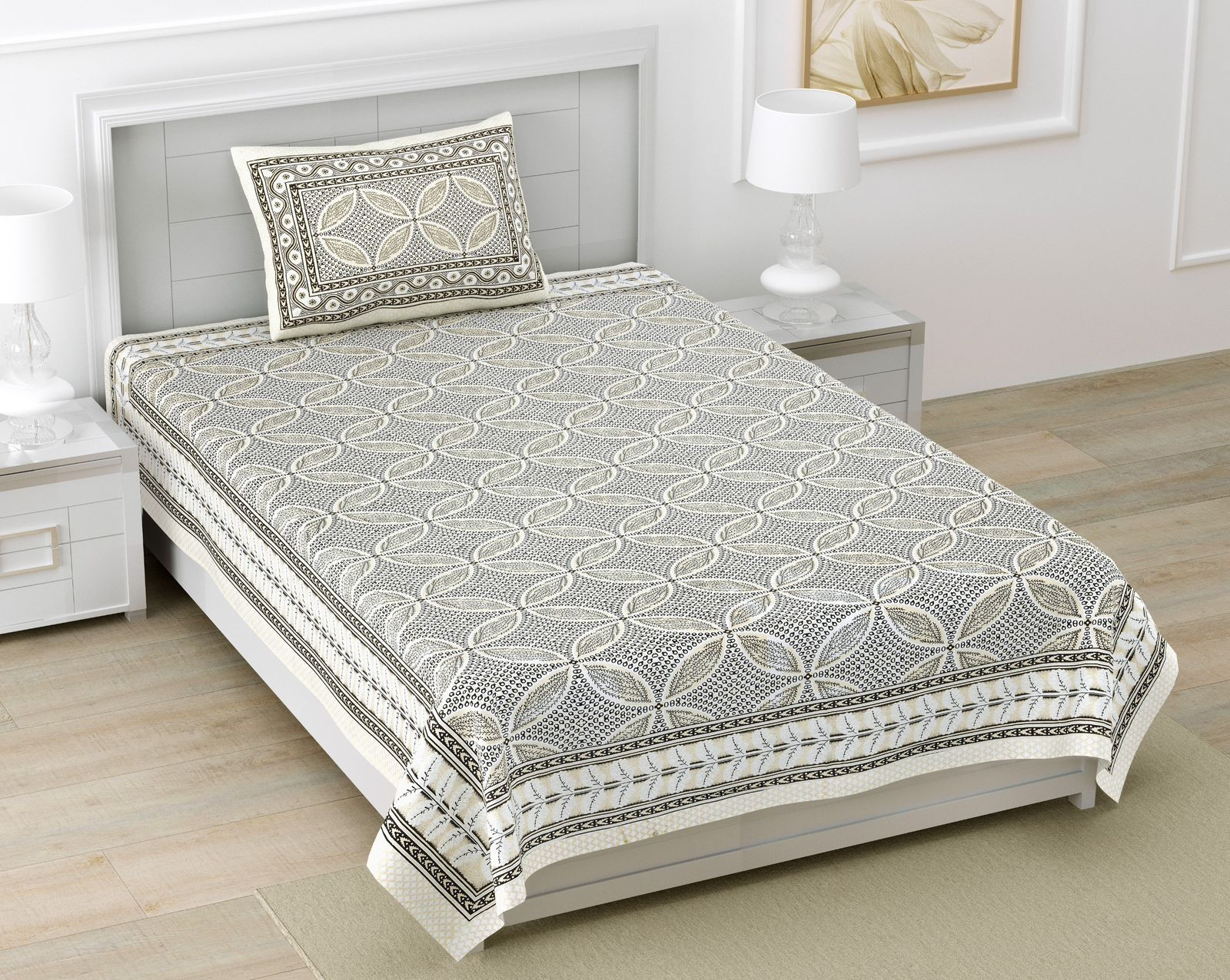 Jaipuri Grey Geometric Block Print Pure South Cotton Single Bedsheet 60x90 Inch Ethnic Rajasthani Design Jaipur India Shriex