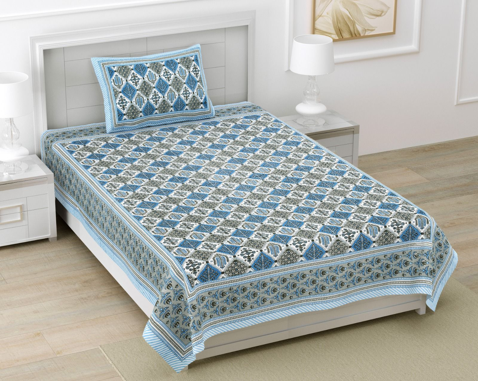 Jaipuri Blue Diamond Print Pure South Cotton Single Bedsheet 60x90 Inch Geometric Block Design Jaipur Rajasthan Shriex India