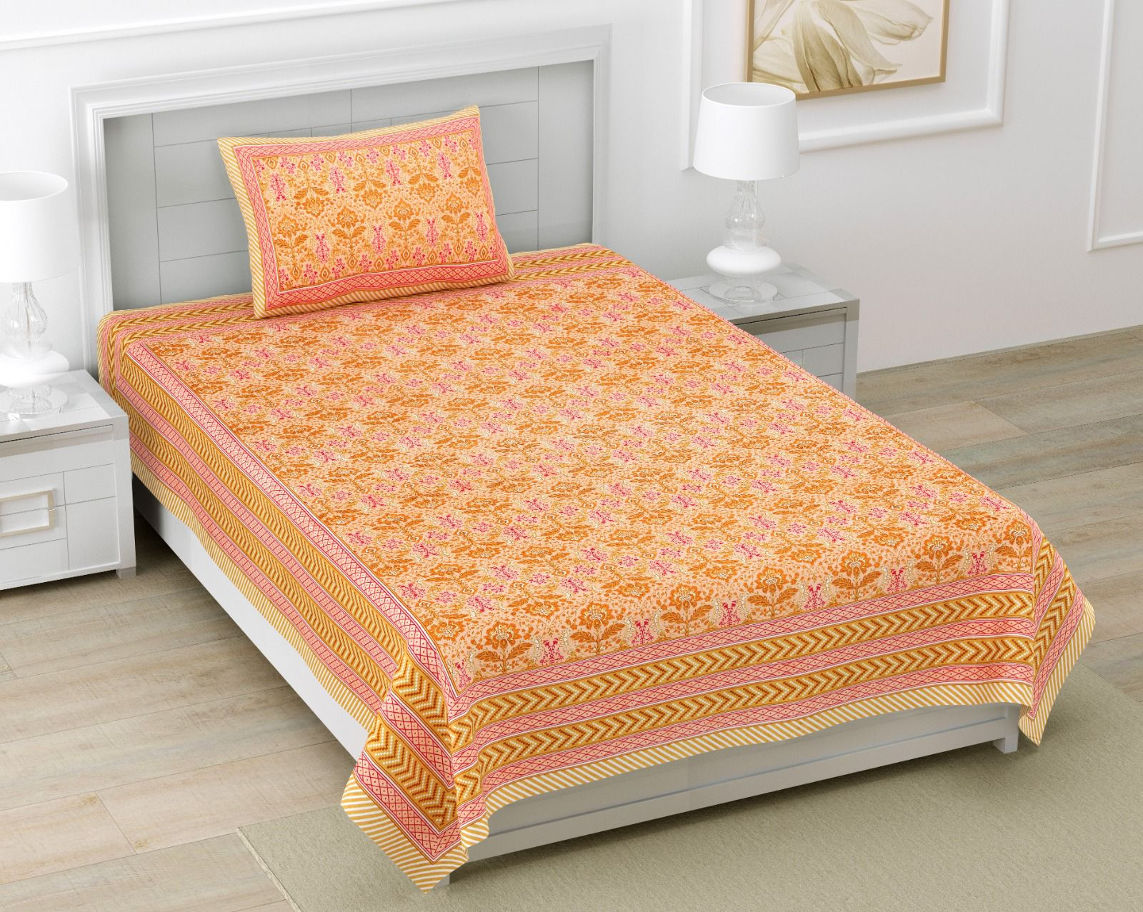 Jaipuri Yellow Floral Screen Print Pure South Cotton Single Bedsheet 60x90 Inch Ethnic Rajasthani Design Jaipur India Shriex