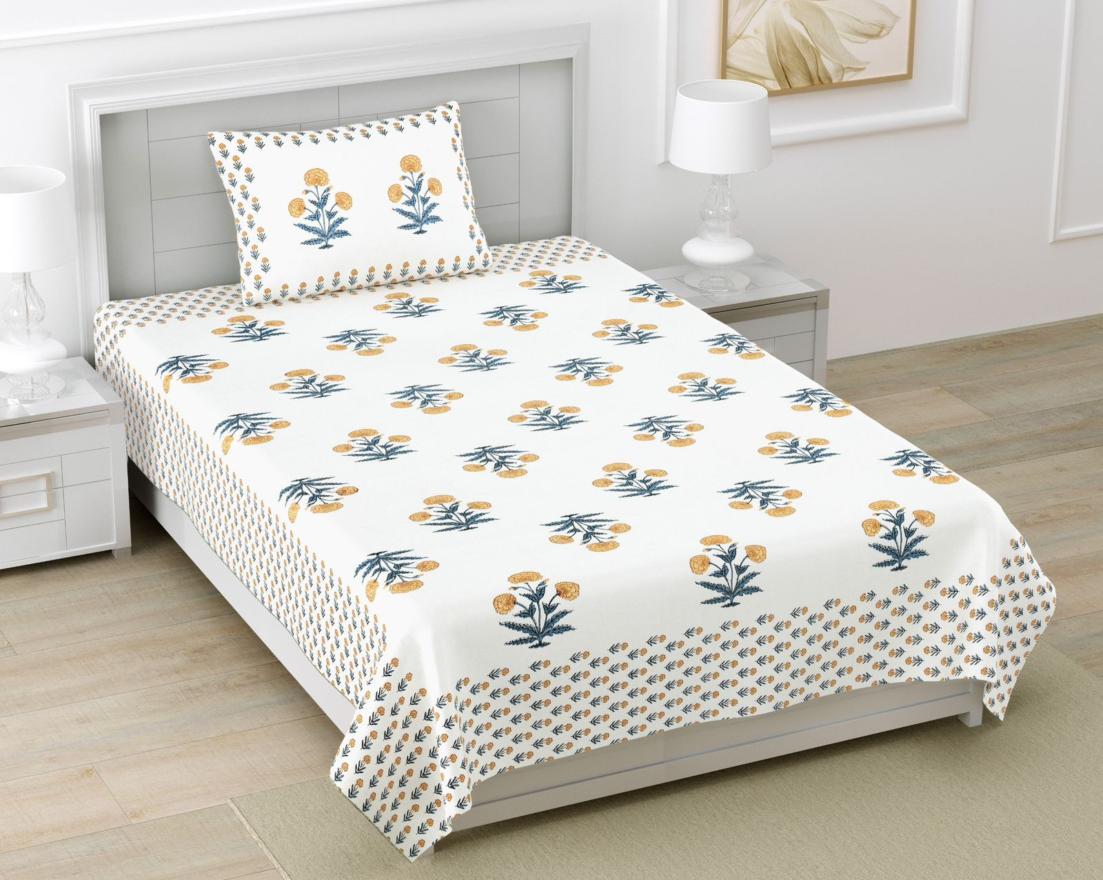 Jaipuri Yellow Floral Screen Print 100 South Cotton Single Bedsheet 60x90 Inch Ethnic Rajasthani Design Jaipur India by Shriex