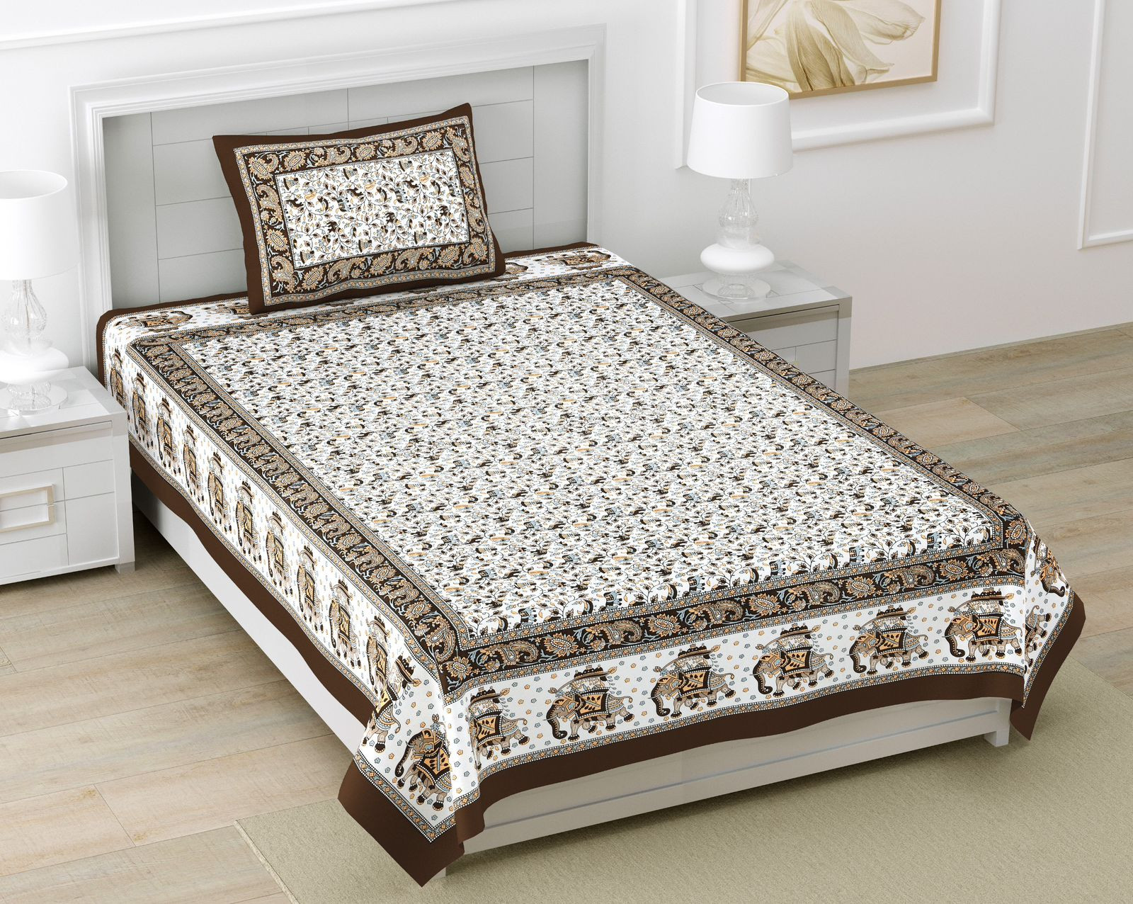 Jaipuri Brown Floral Screen Print Pure South Cotton Single Bedsheet 60x90 Inch Ethnic Rajasthani Block Design Jaipur Rajasthan Shriex India