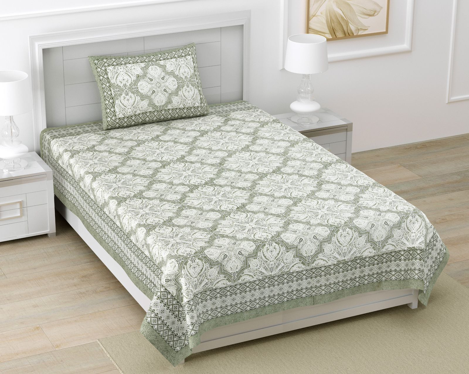 Jaipuri Olive Medallion Screen Print Pure South Cotton Single Bedsheet 60x90 Inch Ethnic Rajasthani Design Jaipur Rajasthan Shriex India