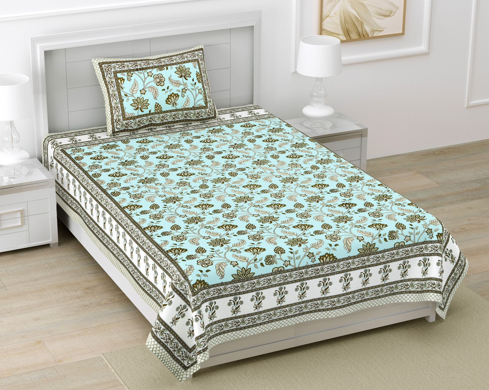 Jaipuri Aqua Floral Screen Print Pure South Cotton Single Bedsheet 60x90 Inch Ethnic Rajasthani Border Design Jaipur Rajasthan Shriex India