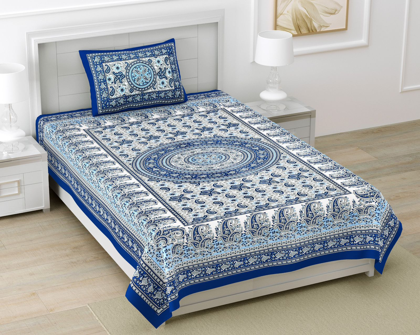 Jaipuri Blue Mandala Screen Print Pure South Cotton Single Bedsheet 60x90 Inch Ethnic Rajasthani Elephant Border Jaipur Rajasthan Shriex India