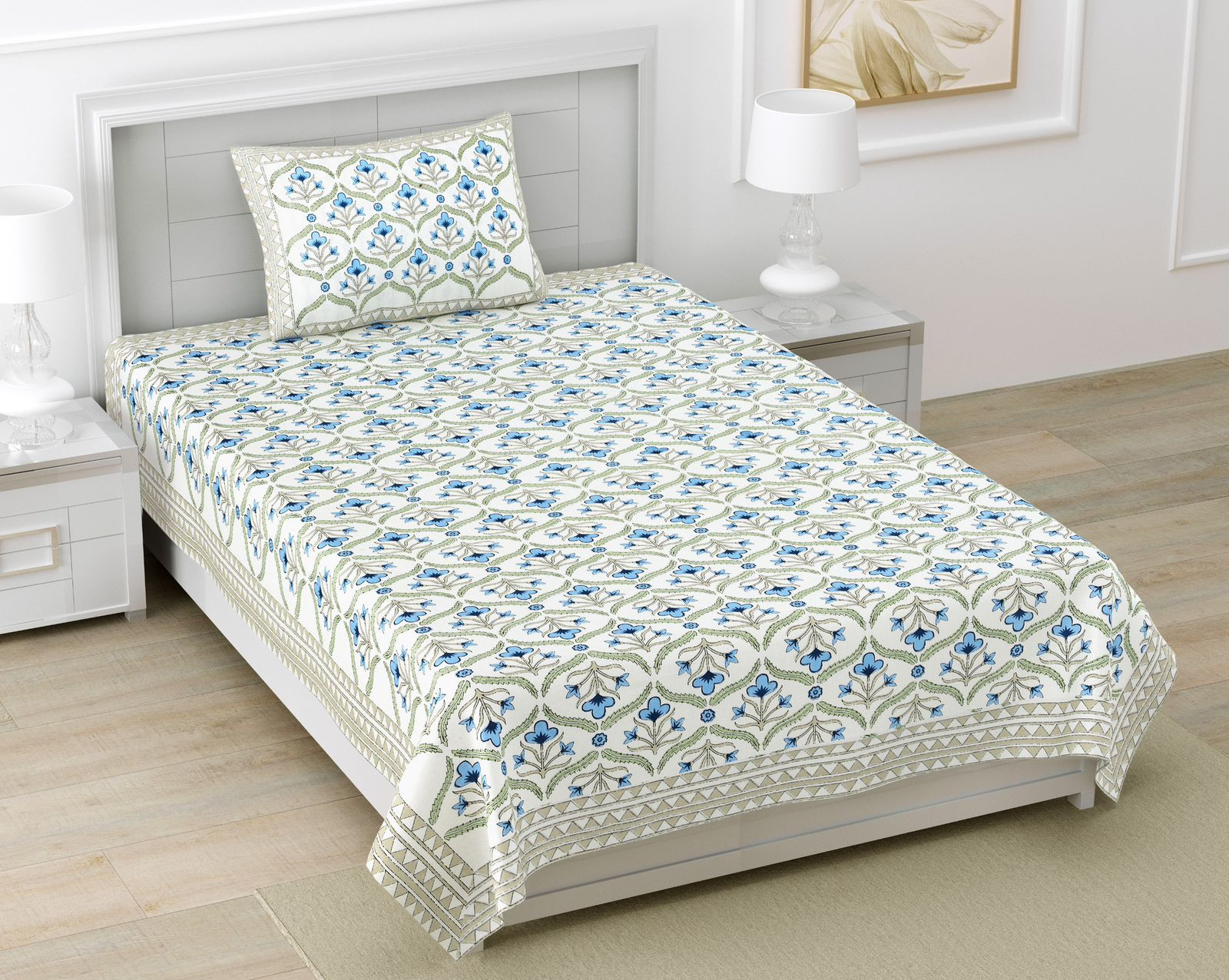 Jaipuri Blue Olive Floral Screen Print Pure South Cotton Single Bedsheet 60x90 Inch Ethnic Rajasthani Design Jaipur Rajasthan Shriex India