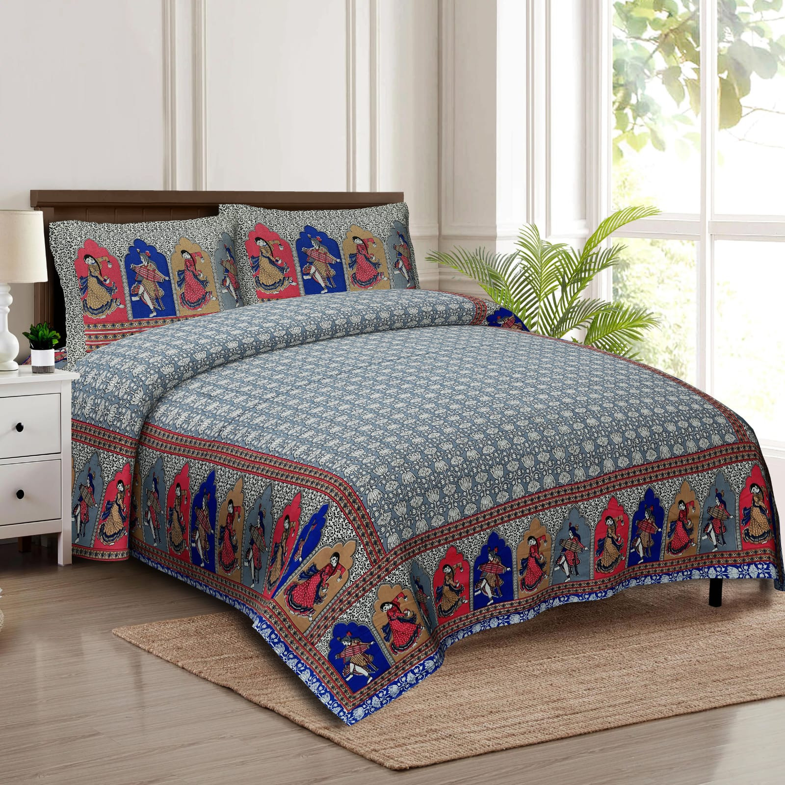 Jaipuri Rajasthani Folk Art Screen Print Cotton Double Bedsheet 90x108 Inch Ethnic Dance Motif Jaipur Rajasthan Shriex India
