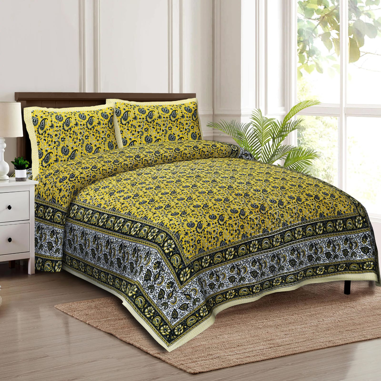 Jaipuri Paisley Floral Screen Print Cotton Double Bedsheet 90x108 Inch Ethnic Rajasthani Border Jaipur Rajasthan Shriex India