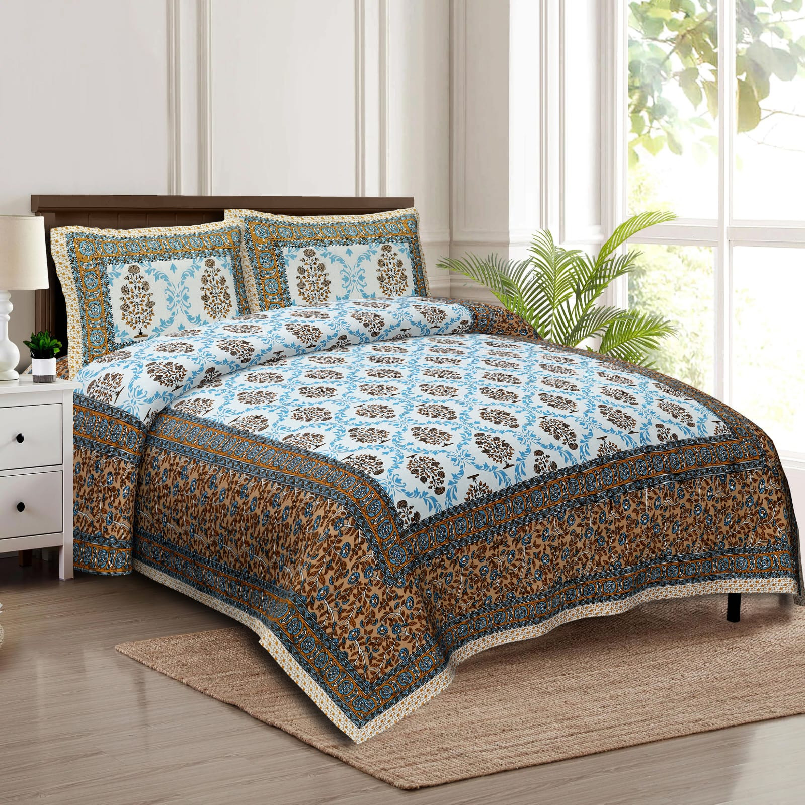 Jaipuri Blue Tree Motif Screen Print Cotton Double Bedsheet 90x108 Inch Ethnic Rajasthani Border Jaipur Rajasthan Shriex India