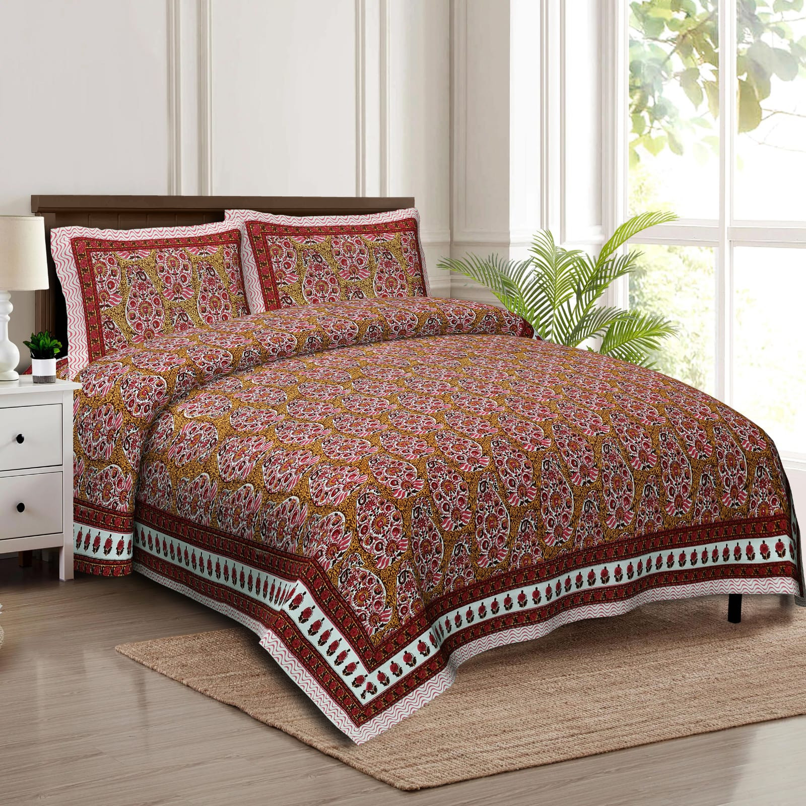 Jaipuri Red Paisley Print Cotton Double Bedsheet 90x108 Inch Ethnic Floral Border Jaipur Rajasthan Shriex India