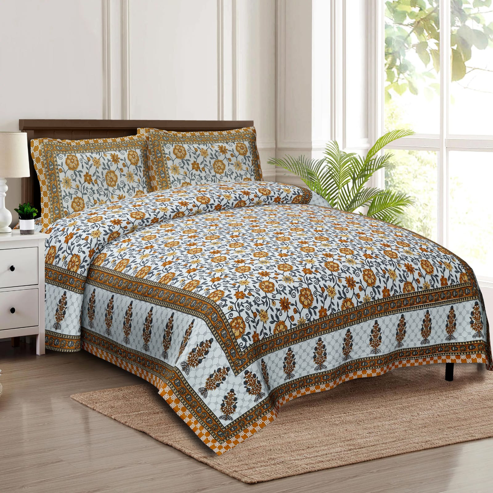 Jaipuri Yellow Floral Screen Print Cotton Double Bedsheet 90x108 Inch Ethnic Rajasthani Border Jaipur Rajasthan Shriex India