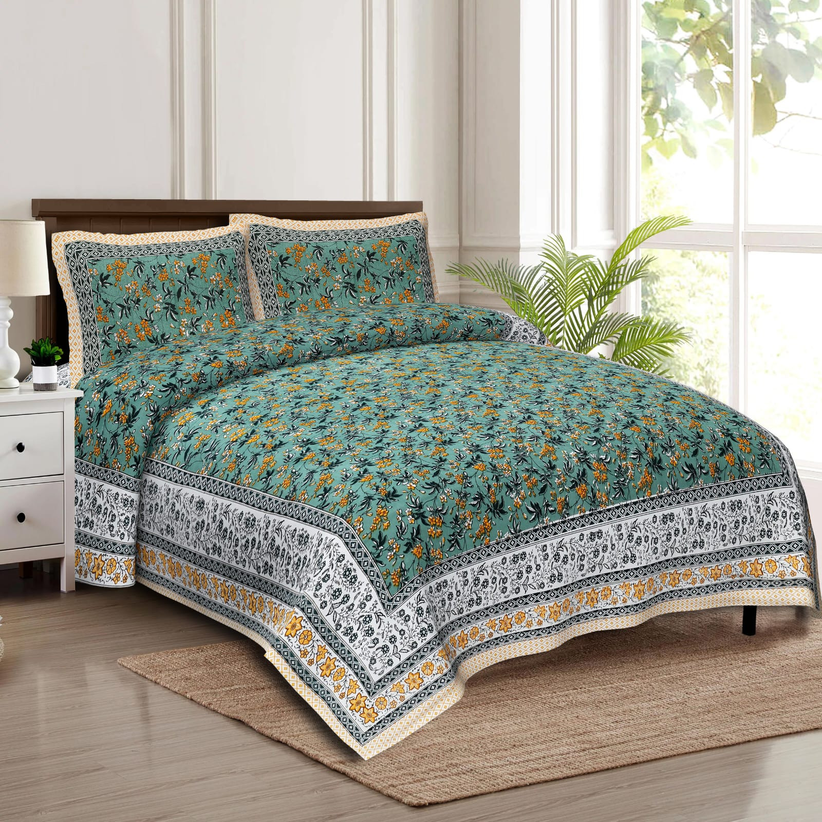 Jaipuri Blue Floral Screen Print Cotton Double Bedsheet 90x108 Inch Ethnic Rajasthani Border Jaipur Rajasthan Shriex India