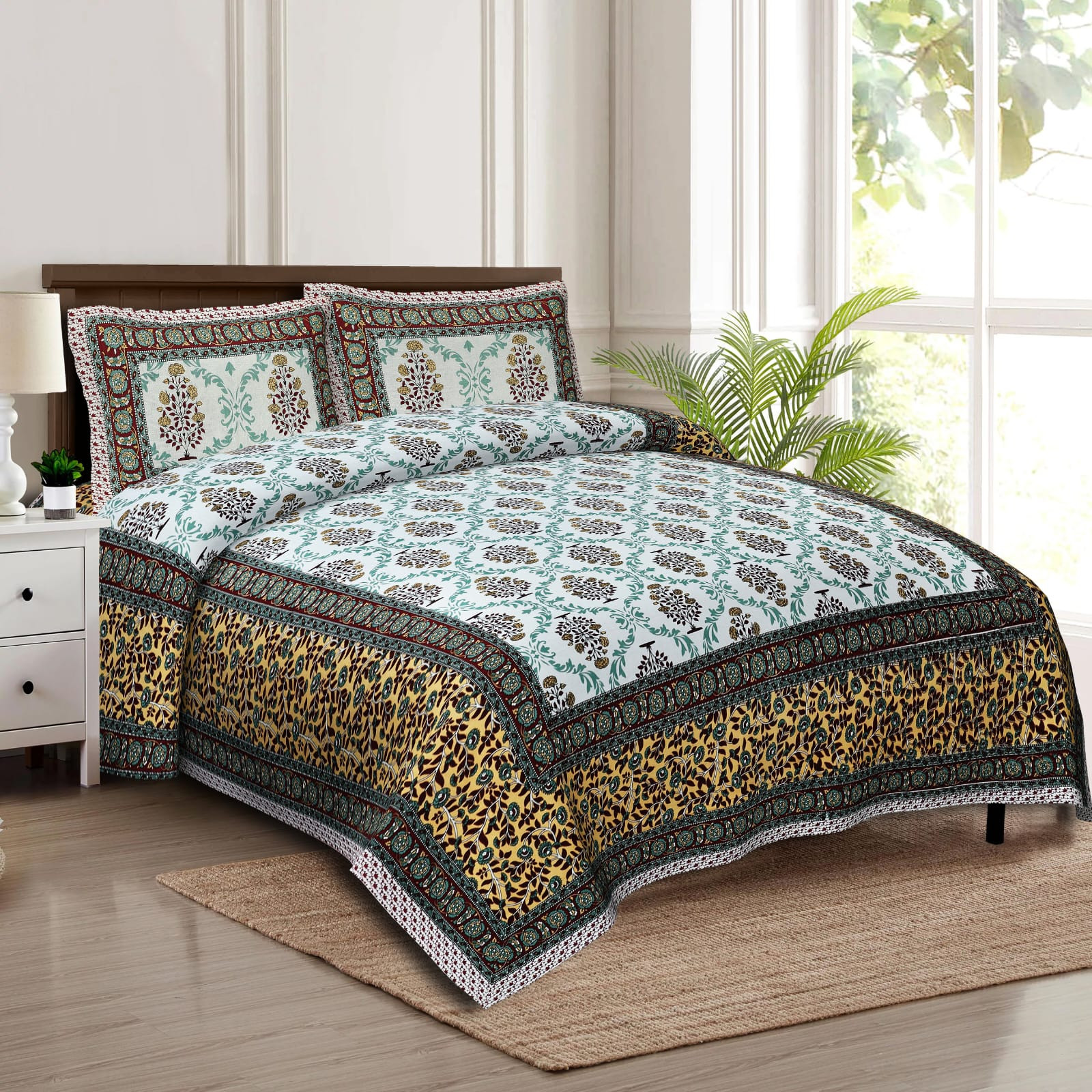 Jaipuri Blue Floral Vine Print Cotton Double Bedsheet 90x108 Inch Ethnic Rajasthani Border Jaipur Rajasthan Shriex India