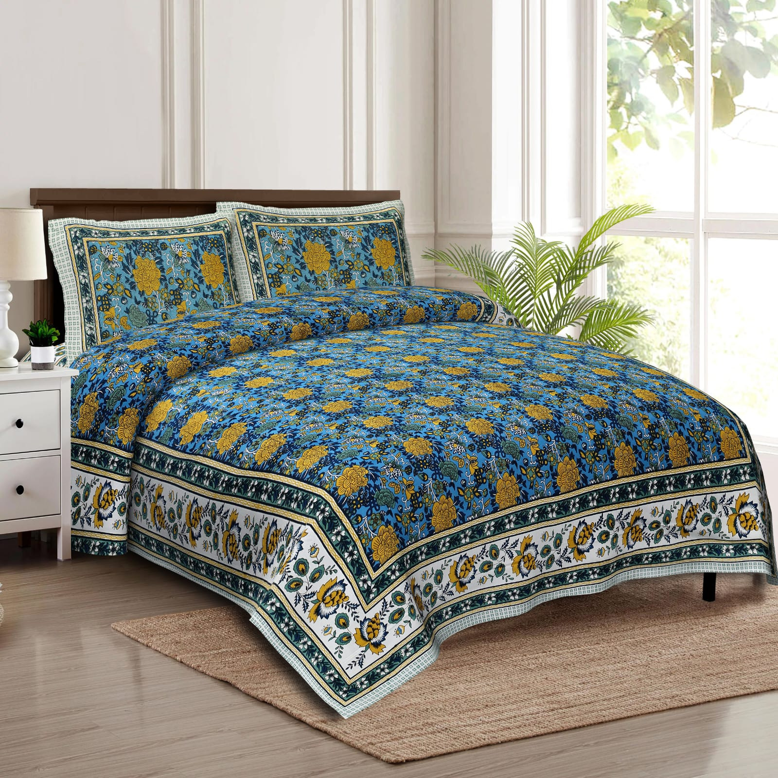 Jaipuri Blue Floral Vine Screen Print Cotton Double Bedsheet 90x108 Inch Ethnic Border Jaipur Rajasthan Shriex India