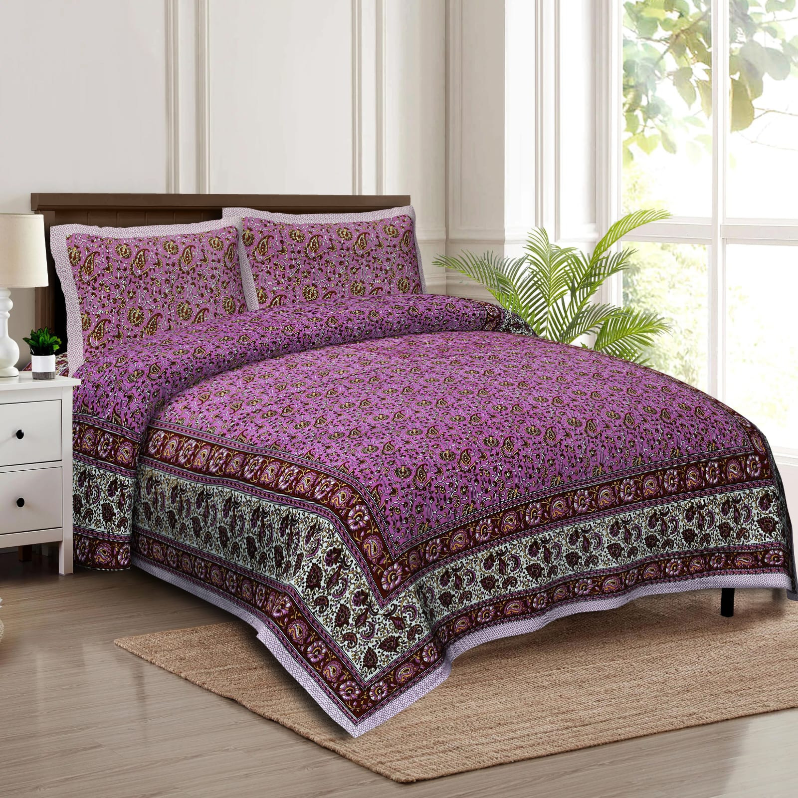 Jaipuri Pink Paisley Screen Print Cotton Double Bedsheet 90x108 Inch Ethnic Rajasthani Border Jaipur Rajasthan Shriex India