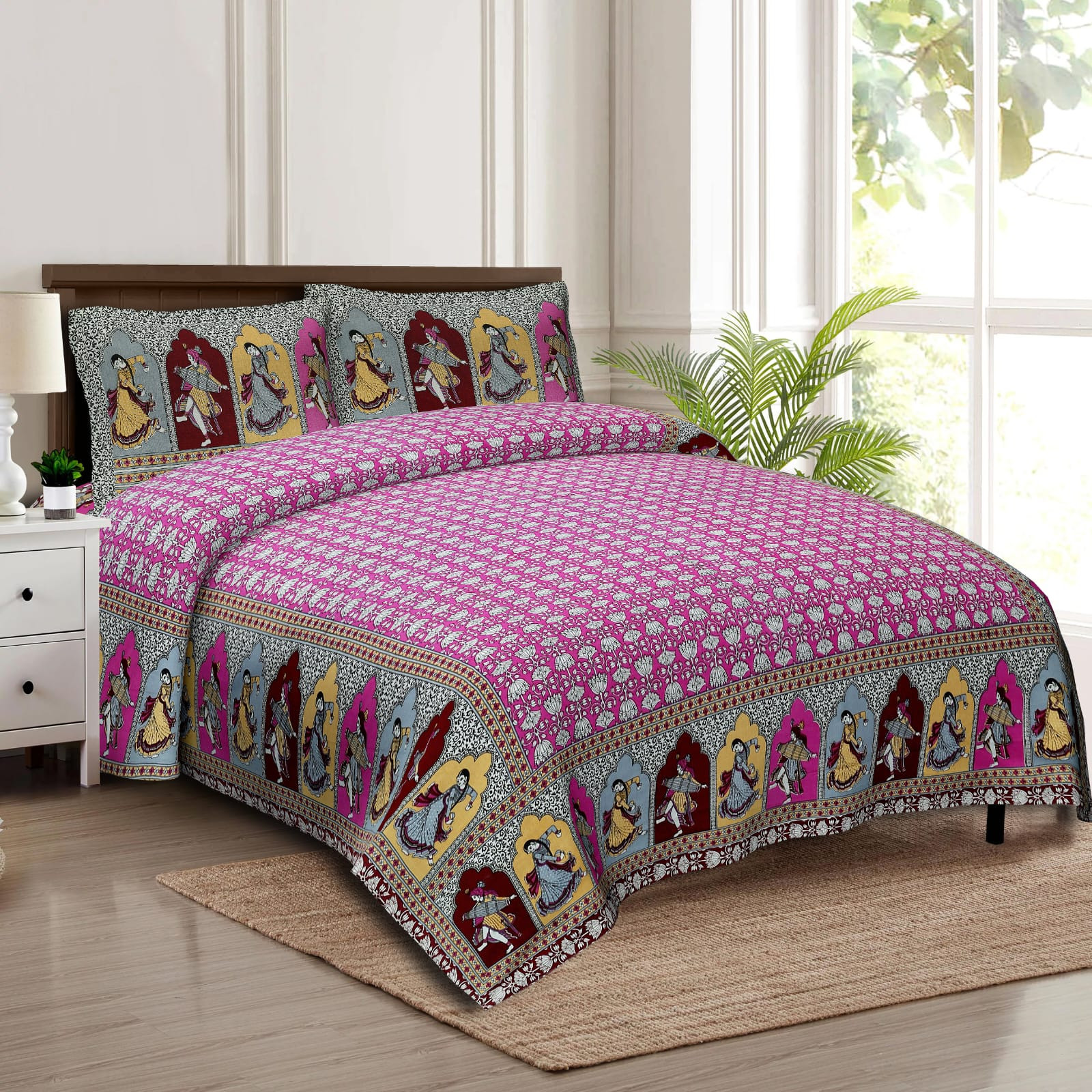 Jaipuri Pink Paisley Screen Print 100 Cotton Double Bedsheet 90x108 Inch Ethnic Border Jaipur Rajasthan Shriex India