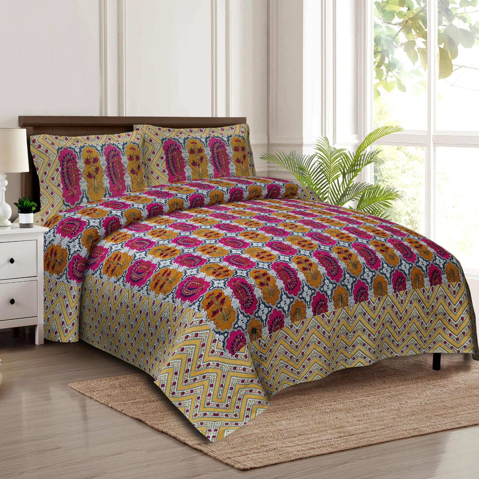 Jaipuri Mandala Floral Cotton Double Bedsheet 90x108 Inch Ethnic Chevron Border Jaipur Rajasthan Buy at Shriex India