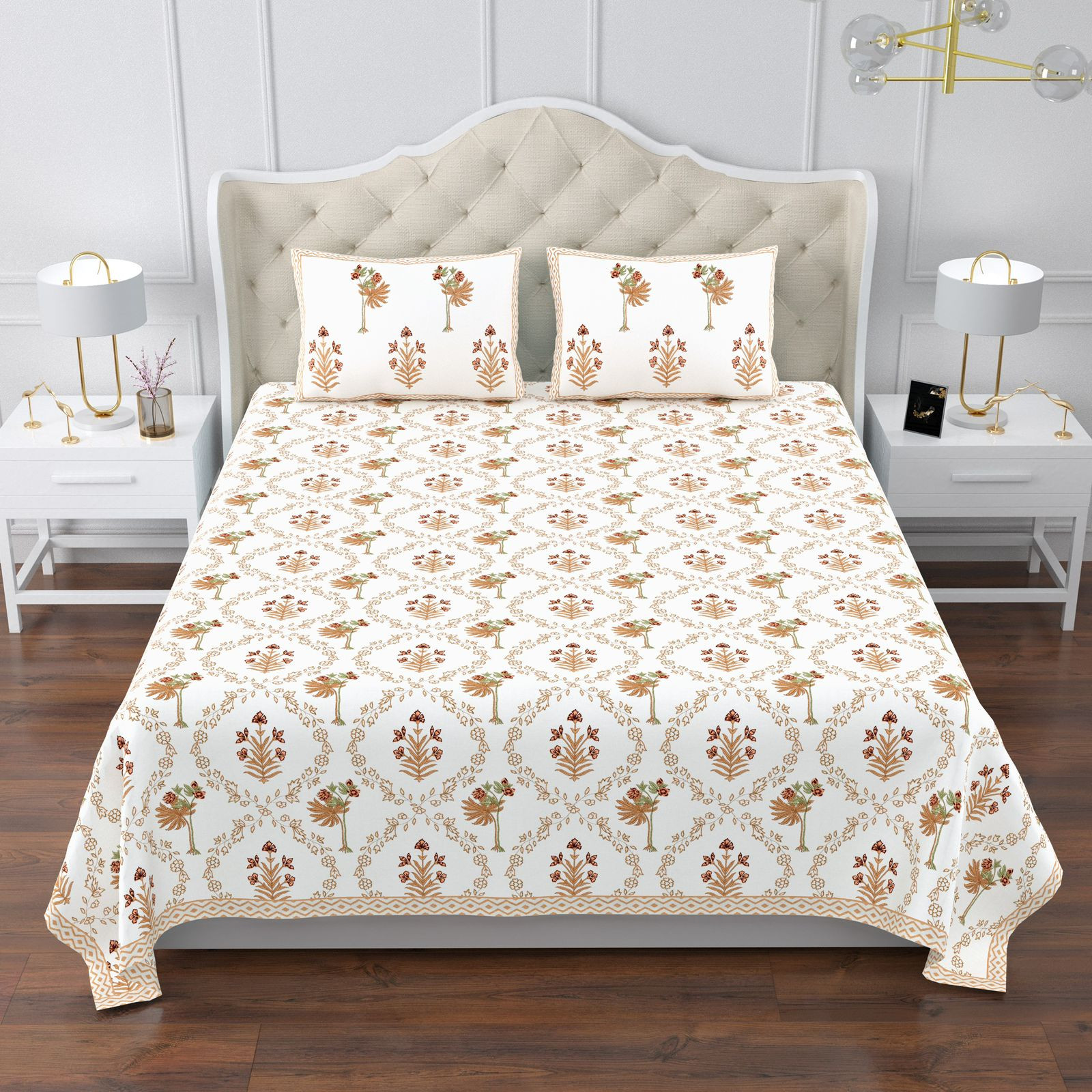 Jaipuri Ultra Premium Super King Bedsheet 108x108 Inch Pure South Cotton Screen Print Ethnic Floral Design Jaipur Rajasthan Shriex India