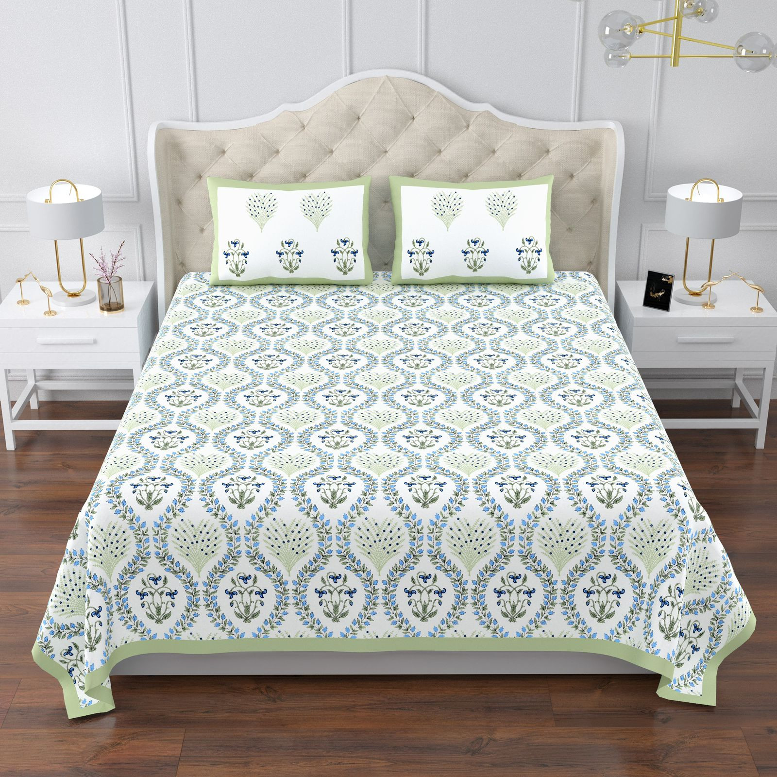 Jaipuri Ultra Premium Super King Bedsheet 108x108 Inch Pure South Cotton Screen Print Olive Blue Medallion Jaipur Rajasthan Shriex India