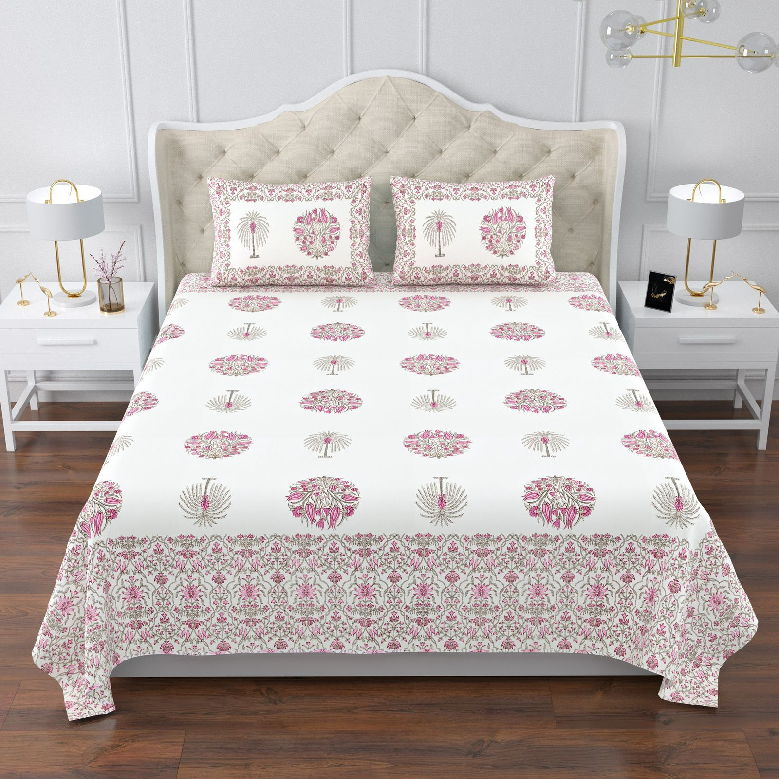 Jaipuri Ultra Premium Super King Bedsheet 108x108 Inch Pure South Cotton Screen Print Olive Blue Medallion Jaipur Rajasthan Shriex India