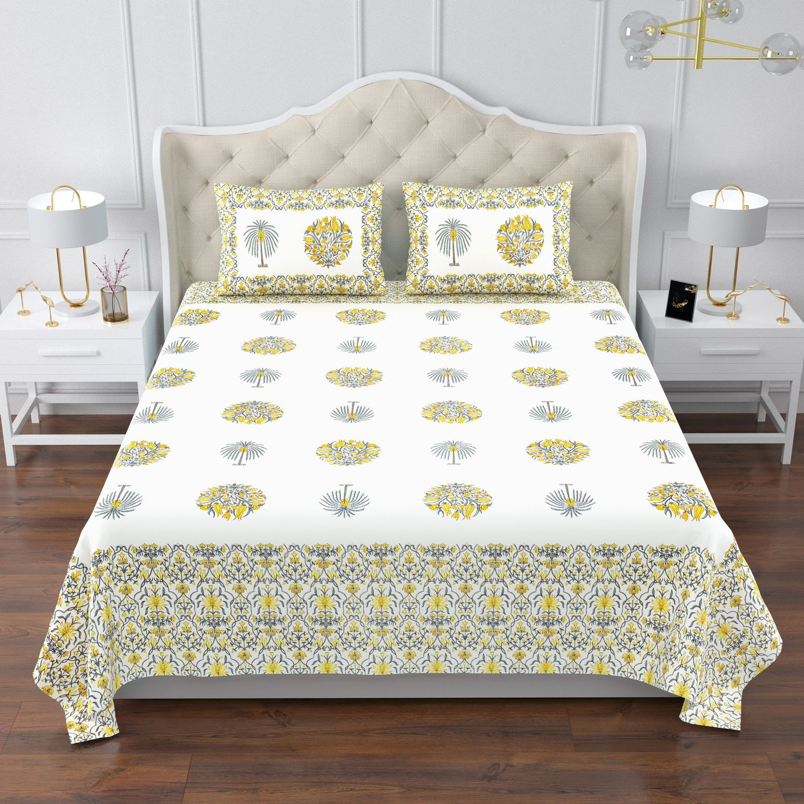 Jaipuri Ultra Premium Super King Bedsheet 108x108 Inch 100 Cotton Screen Print Olive Blue Medallion Jaipur Rajasthan by Shriex