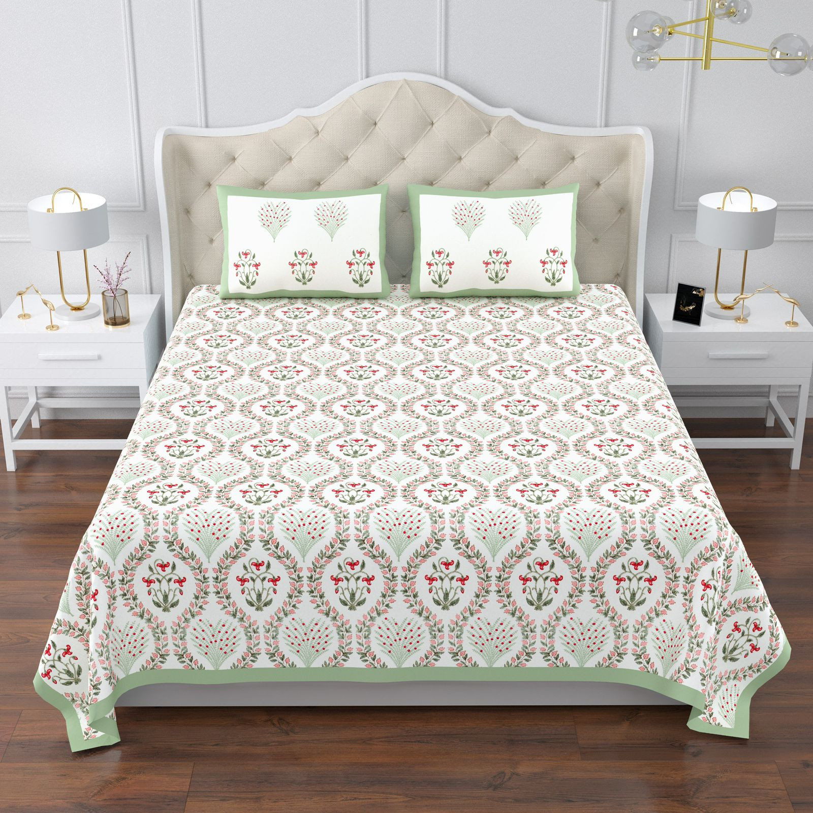 Jaipuri Ultra Premium Super King Bedsheet 108x108 Inch Pure South Cotton Screen Print Pastel Medallion Ethnic Floral Border Jaipur Rajasthan