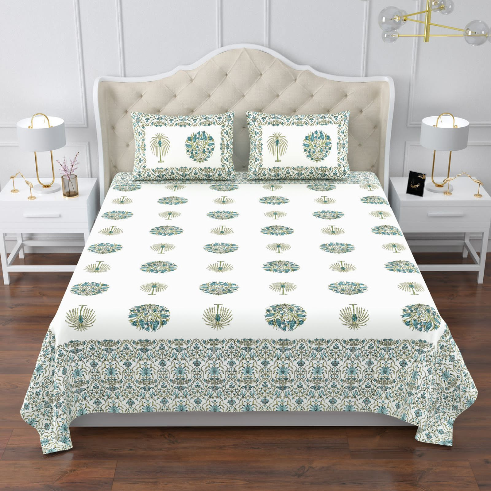 Jaipuri Ultra Premium Super King Bedsheet 108x108 Inch Pure South Cotton Screen Print Blue Medallion Floral Border Jaipur Rajasthan Shriex India