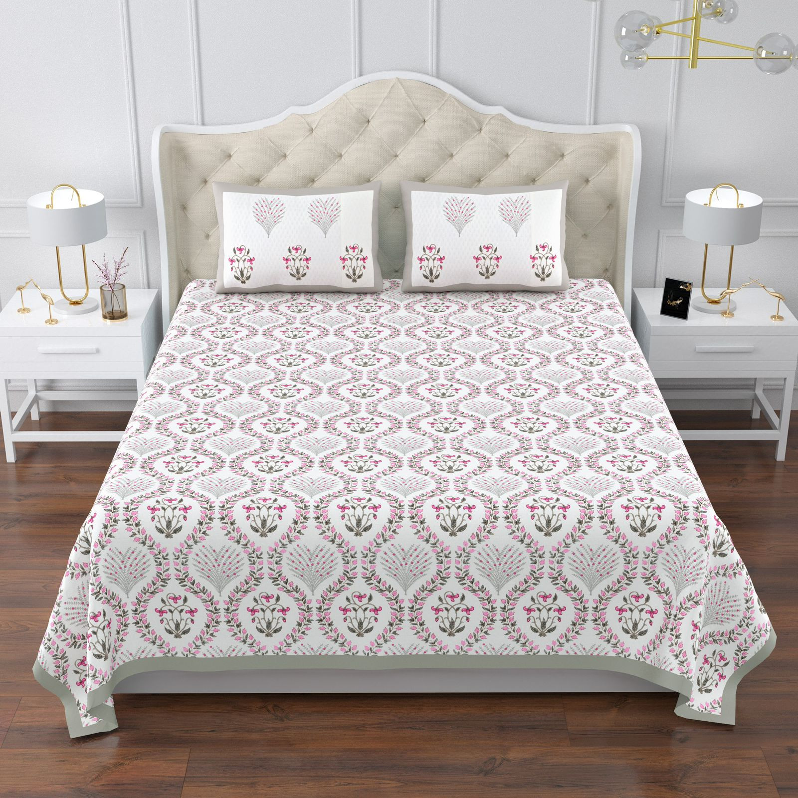 Jaipuri Ultra Premium Super King Bedsheet 108x108 Inch Pure South Cotton Screen Print Pink Green Medallion Ethnic Border Jaipur Rajasthan
