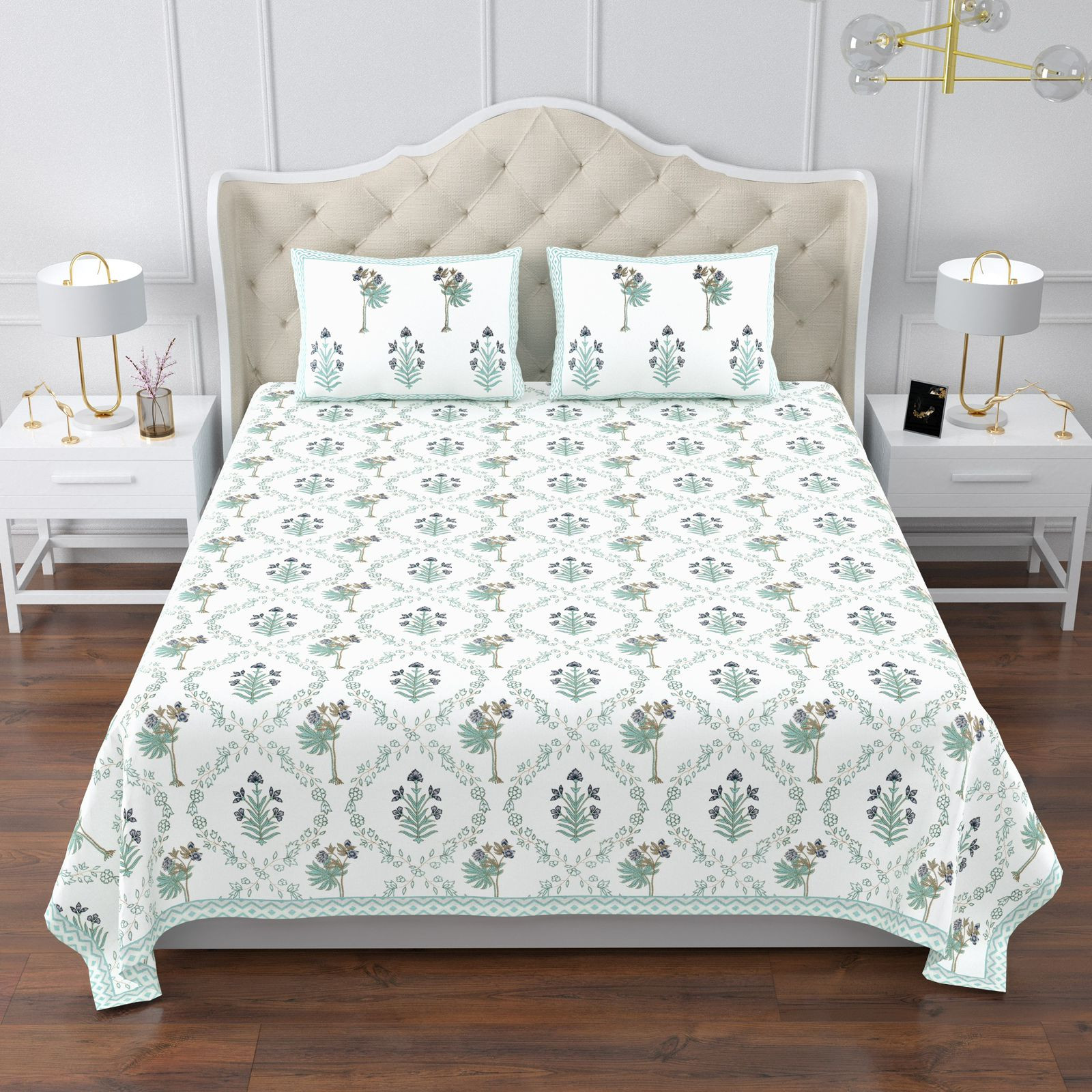 Ultra Premium Super King Size Jaipuri 100 Cotton Bedsheet 108x108 Inch Screen Print Floral Lattice with Ethnic Border Jaipur Rajasthan