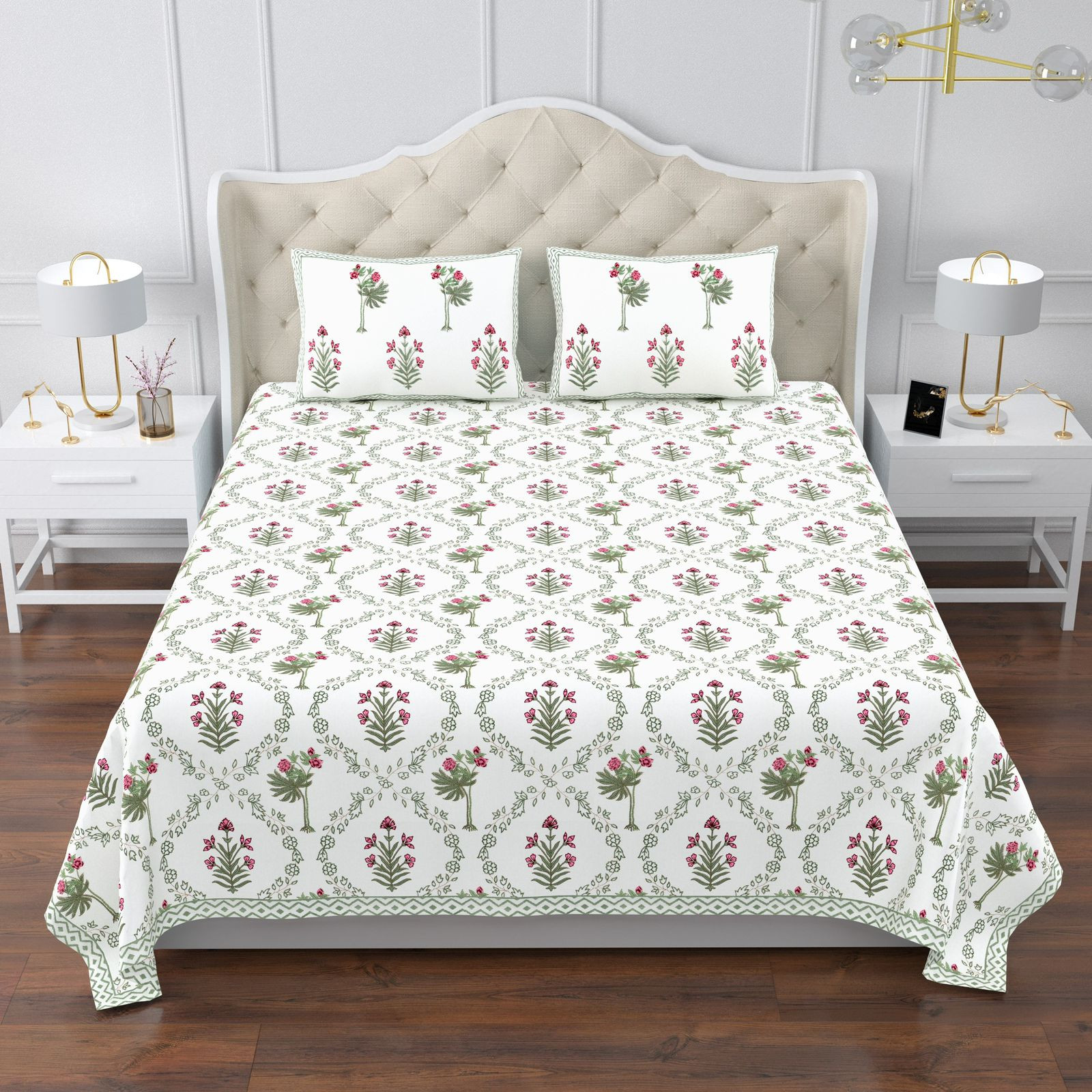 Jaipuri Ultra Premium Super King Size Cotton Bedsheet 108x108 Inch Hand Screen Print Floral Lattice Ethnic Border Jaipur Rajasthan