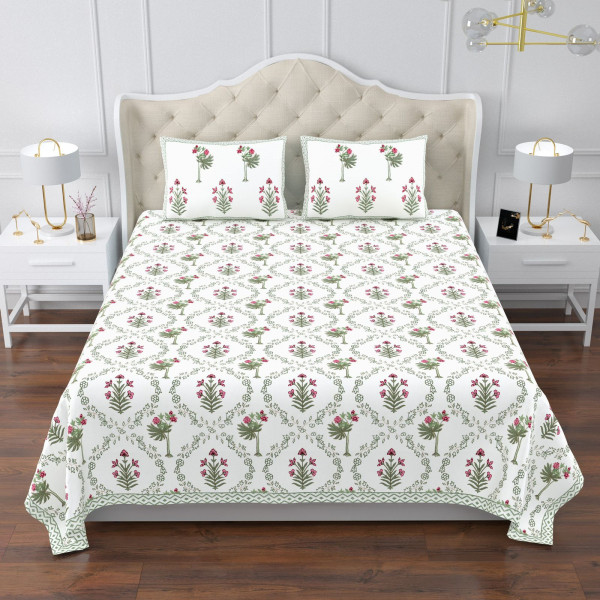 Image of Jaipuri Ultra Premium Super King Size Cotton Bedsheet 108x108 Inch Hand Screen Print Floral Lattice &amp; Ethnic Border | Jaipur, Rajasthan