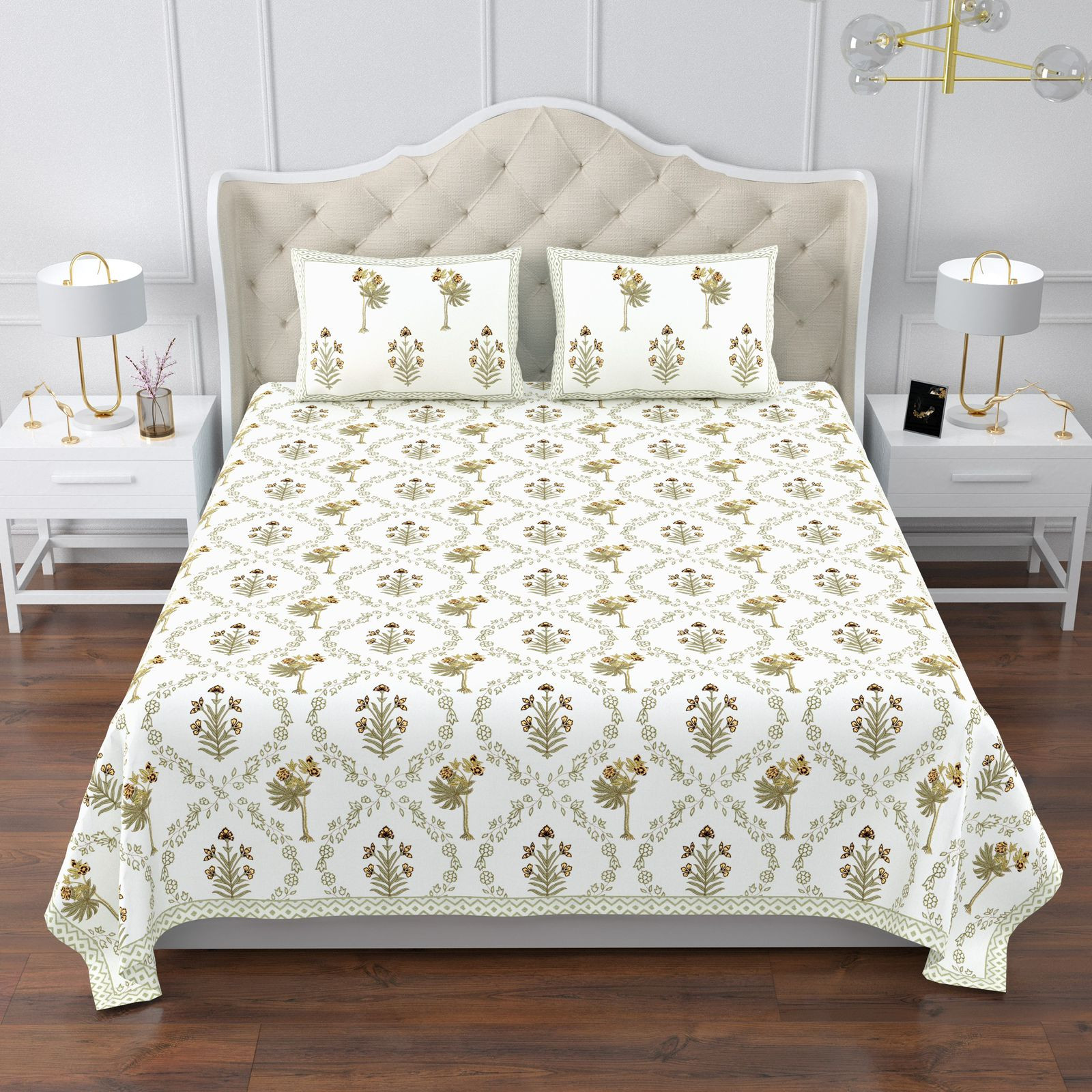 Jaipuri Ultra Premium Super King Size Cotton Bedsheet 108x108 Inch Hand Screen Print Floral Medallion Ethnic Border Jaipur Rajasthan